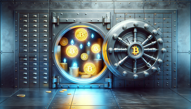 An illustration of a traditional bank vault door opening to reveal symbols of bitcoin and ether inside, symbolizing the integration of cryptocurrency custody services into traditional banking.