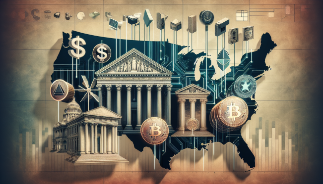 A conceptual image blending traditional financial symbols like dollar signs or banks with futuristic digital elements representing cryptocurrency, highlighting the contrast and skepticism in the current financial debate, set against a map of the USA highlighting swing states.