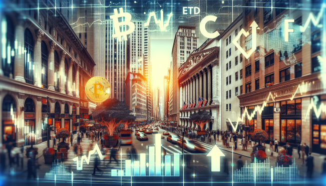 A bustling Wall Street scene with financial buildings, overlaid with digital images of bitcoin symbols, ETF charts, and graphs indicating inflows and investments. The image should convey the integration of traditional finance with cryptocurrency.