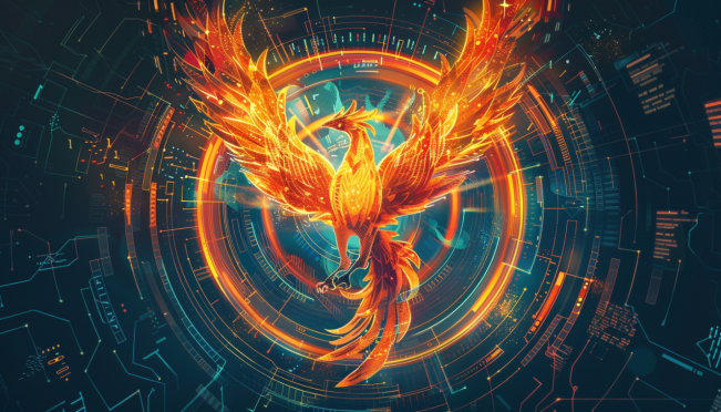 A digital illustration of a phoenix rising from ashes, symbolizing Voyager Digital's financial recovery and resurgence, with elements representing cryptocurrency, legal documents, and digital security in the background.