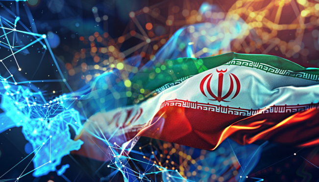 A digital illustration showcasing the flags of Iran and Russia merging into the symbol of a digital currency, with elements representing trade, blockchain technology, and international cooperation in the background.