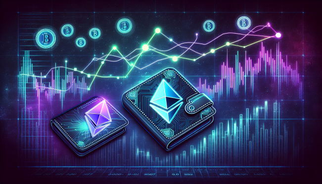 A dynamic illustration of Ethereum tokens being transferred between digital wallets, set against a backdrop of fluctuating market graphs and charts, symbolizing the volatility and strategic financial maneuvers of the Ethereum Foundation.