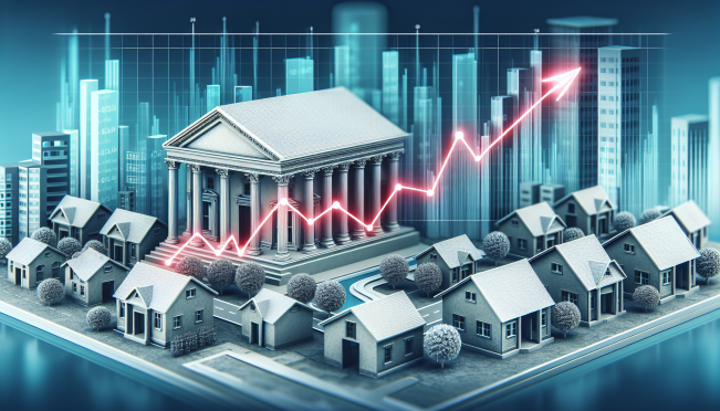 A financial chart showing a sharp decline, with a background of a bank building and residential houses, symbolizing the impact of rising mortgage rates on the banking system.