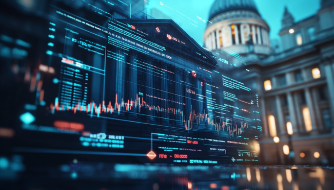 A futuristic financial dashboard displaying real-time data on stablecoins, with a backdrop of the Bank of England and blockchain elements integrated into the design.