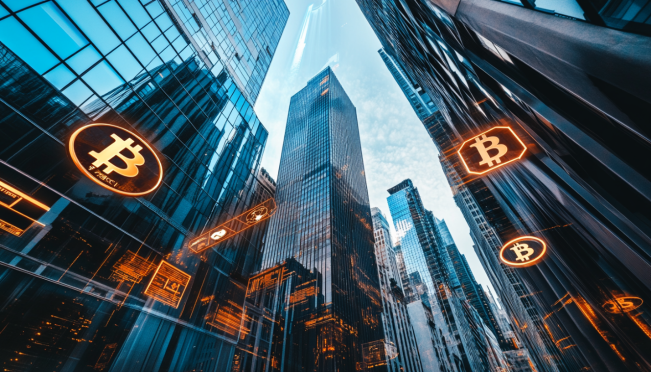 A dynamic and futuristic financial landscape with prominent Goldman Sachs building, various Bitcoin ETF logos, and digital currency symbols, highlighting the intersection of traditional finance and digital assets.