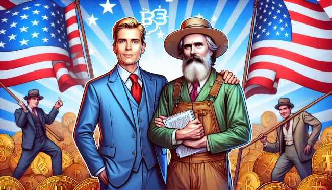 Donald Trump and J.D. Vance standing together with a backdrop of American flags and Bitcoin symbols, showcasing support from prominent crypto figures in a vibrant and dynamic setting.