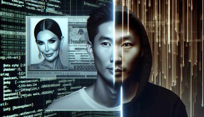 A split image showing Caitlyn Jenner promoting the JENNER token on one side, and a hacker with a dark background and computer code on the other side, symbolizing the controversy and concerns over the JENNER token and its links to hacked accounts.