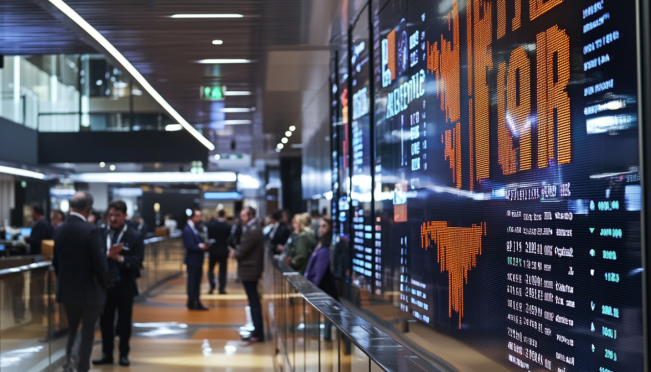 A bustling cryptocurrency exchange in Australia, with digital screens displaying Bitcoin and Ether prices. ASIC officials in the background discussing regulations. The scene should be vibrant, modern, and reflective of the evolving crypto landscape.