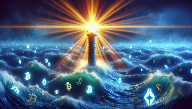 A shining beacon of hope amidst a stormy sea, symbolizing safety and recovery for investors lost in the chaos of financial scams, with digital currency symbols floating around as a metaphor for the troubled waters navigated by Larec.co