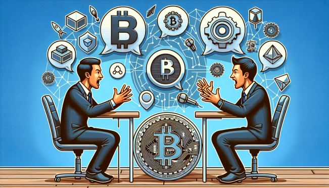 A dynamic and visually engaging image depicting a heated debate between two prominent figures in the cryptocurrency world, Justin Sun and Brian Armstrong, with symbolic elements of Bitcoin, Proof-of-Reserve, and blockchain technology