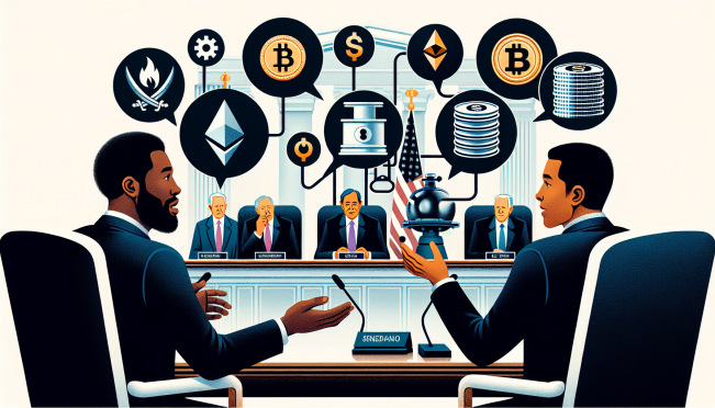 An illustration of a Senate hearing with Senator Tim Scott speaking and Deputy Treasury Secretary Adewale Adeyemo responding, surrounded by symbols of cryptocurrencies like Bitcoin and Ethereum, and traditional finance icons such as oil barrels and US dollars, highlighting the debate between traditional and digital assets in terrorism financing.