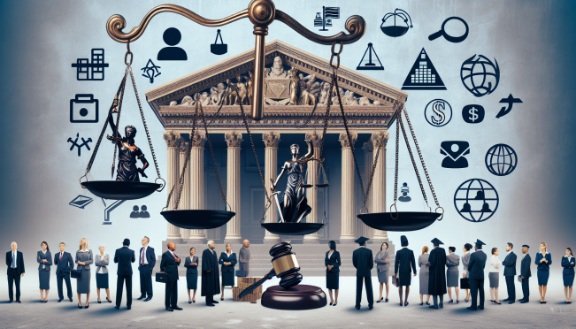 A symbolic representation of justice and banking - scales of justice balancing a traditional bank building and a group of diverse people holding political and religious symbols, all under the scrutinizing gaze of state attorneys general.