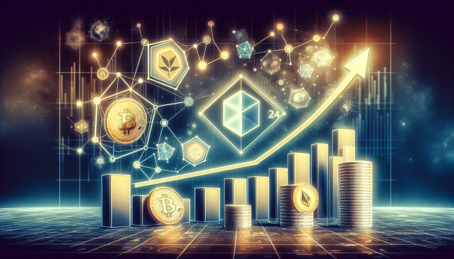 A dynamic and engaging digital illustration showcasing the Polygon network's growth in 2024, with elements representing stablecoins, a rising graph for user engagement, and the MATIC token symbol prominently featured.