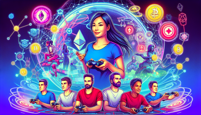 A dynamic and engaging image showing elements of blockchain gaming, including a futuristic game interface, Ethereum symbols, Uniswap logos, and a diverse group of players in a competitive setting. Include references to popular TV shows like Survivor and Squid Game for thematic inspiration.