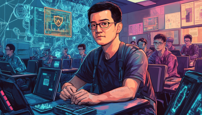 An illustration of Changpeng Zhao in a dynamic setting, showcasing elements of education (classroom), charity (helping hands), and advanced technologies like AI and blockchain.