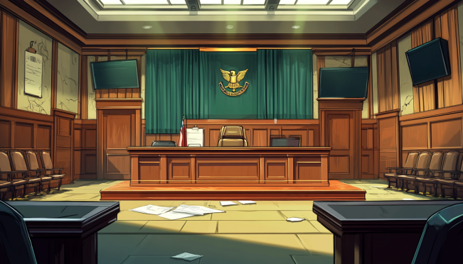 A courtroom setting with documents and assets symbolically represented, including digital assets, depicting the settlement agreement between Caroline Ellison and FTX in the backdrop of a legal proceeding.