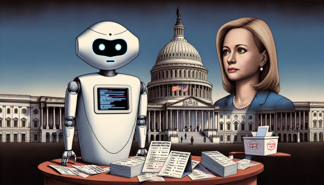 Elon Musk's AI chatbot Grok with a backdrop of the U.S. Capitol, election ballot papers, and a concerned Kamala Harris; a digital representation of misinformation spreading through AI.