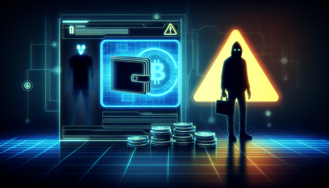 A digital representation of a crypto wallet being drained, with a background showing a warning notification and a shadowy figure symbolizing a hacker, all in a high-tech, futuristic design.