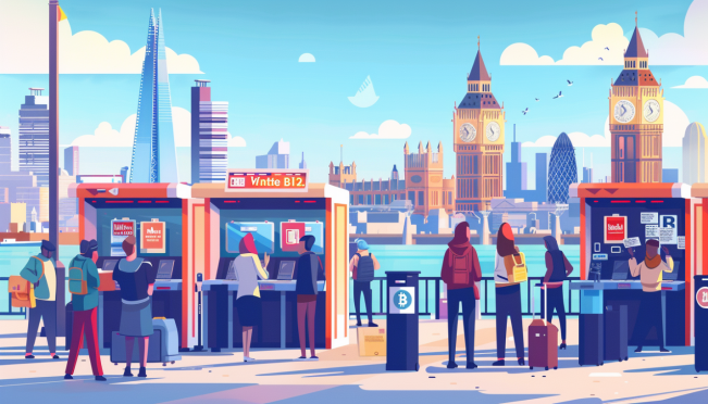 A bustling polling station in the UK with voters casting their ballots, combined with digital elements like blockchain symbols, cryptocurrency icons, and the City of London skyline in the background to represent the merge of traditional and digital financial worlds.