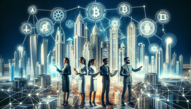 A futuristic city skyline of Dubai with blockchain elements and digital assets icons integrated into the buildings, a diverse group of tech professionals collaborating, and a visual representation of XRP tokens interconnecting the city.