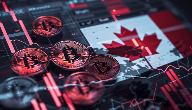 An image depicting a graph showing the rise in cryptocurrency adoption among institutional investors in Canada, with symbols of various cryptocurrencies like Bitcoin and Ethereum, and the Canadian flag in the background, conveying a sense of growth, diversity, and national support.