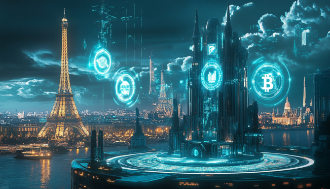 A futuristic digital exchange platform with holographic representations of tokenized assets, featuring elements of blockchain technology and European landmarks in the background.