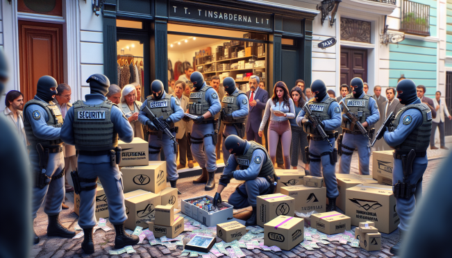 Generate an image of Argentine naval security officers and tax officials conducting a raid, showcasing seized Bitcoin mining hardware, high-end electronics, and cash. Include the Canaan logo on some boxes, and depict a small clothing store as a front for the operation.