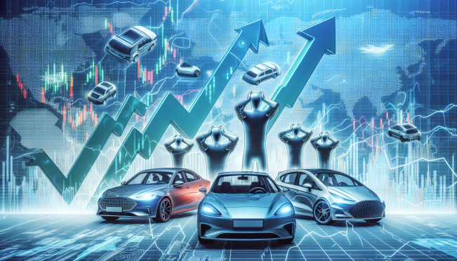 A dynamic image showing Tesla's stock price graph surging upwards with short-sellers in distress, Tesla vehicles in the background, and market data visuals.