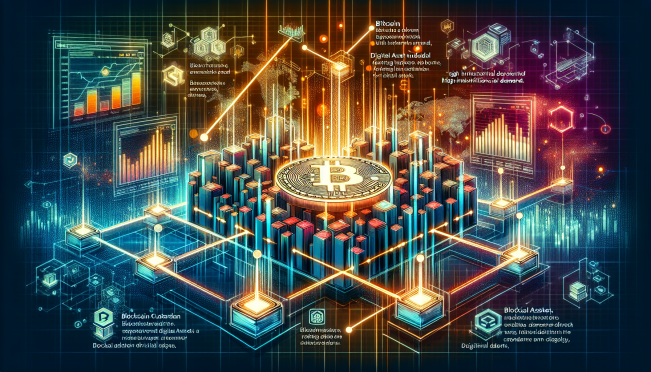 A visually striking image of Bitcoin ETFs, with a focus on institutional demand, blockchain transactions, and Coinbase as the custodian. Include elements of financial markets and digital assets.