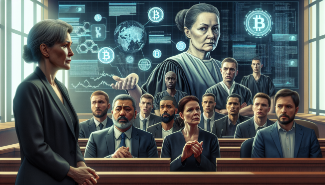 A tense courtroom scene in Russia with a scientist in the dock, accused of sending cryptoassets to Ukraine. Digital elements like cryptocurrency symbols and a DDoS attack visual overlay in the background.