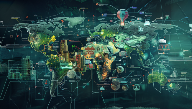 A global map highlighting AI adoption rates with a focus on the Asia-Pacific region and China, featuring various industry icons representing professional services, marketing, and product development. Include visual elements of generative AI like text, images, and 3D worlds being created.