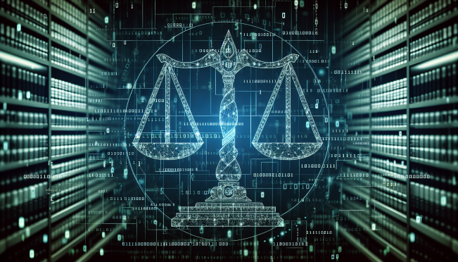 A digital artwork of scales of justice superimposed on computer code, symbolizing the legal dispute between Binance and the Nigerian government over bribery allegations.