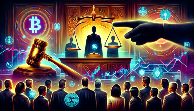 A courtroom scene with a gavel and scales of justice, depicting a tense legal battle over cryptocurrency with digital elements representing XRP and the SEC. In the background, a shadowy figure points accusatorily at a group of lawyers.