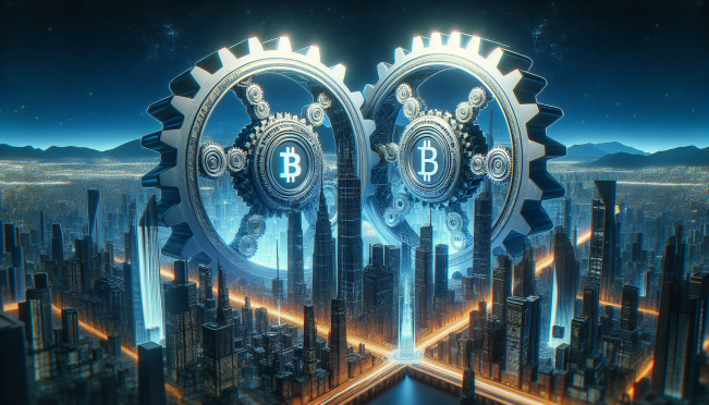 A digital illustration of two giant, interconnected gears labeled 'BlockFi' and 'Coinbase' against a backdrop of a futuristic city skyline, symbolizing partnership and continuity in the crypto space.