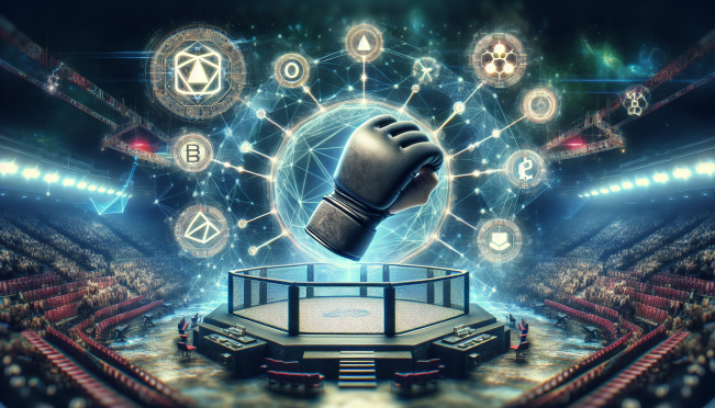 An image showcasing the UFC Octagon with VeChain branding prominently displayed and tokenized gloves in the foreground, symbolizing the fusion of combat sports and blockchain technology.