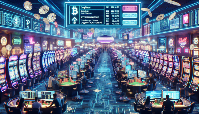 A high-tech casino floor with digital payment systems, no physical cash in sight, and a sign prominently stating 'Cryptocurrency Not Accepted'.