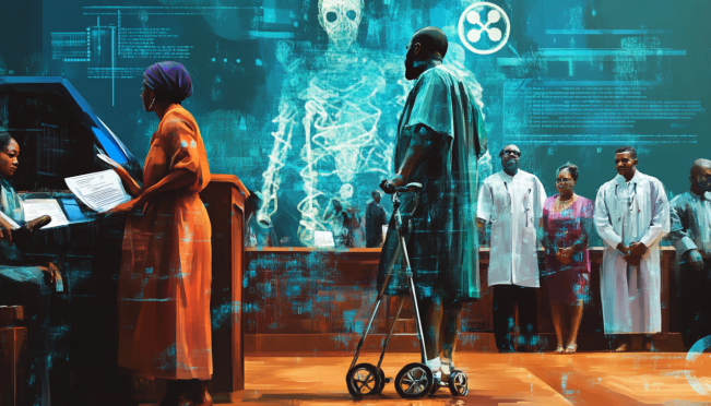 A courtroom scene in Abuja with a distressed man on crutches, a judge, and concerned family members. Background elements include symbols of cryptocurrency and medical documents.