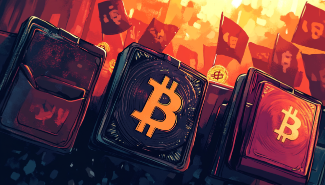 Illustration of cryptocurrency wallets with protest imagery in the background, highlighting movement and transactions despite restrictions