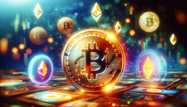 A vibrant digital image showing Bitcoin and Ethereum coins partially overshadowed by a bright, glowing Raffle Coin (RAFF) in the foreground, symbolizing the emergence of new opportunities in the cryptocurrency market.