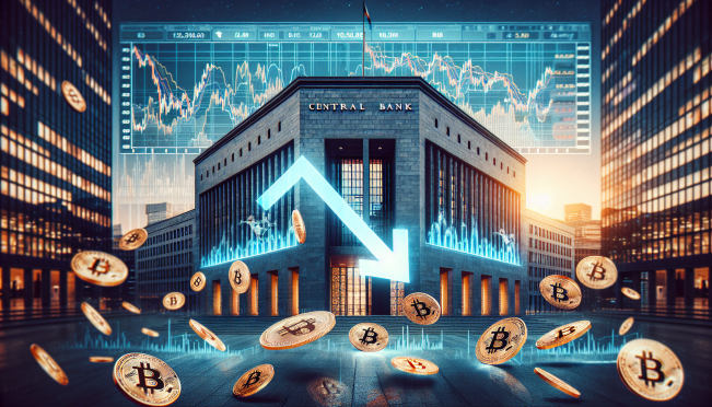 A dramatic financial scene showing a Federal Reserve building with a downward arrow, global market charts crashing, and Bitcoin symbols, capturing the urgency and impact of the emergency rate cut.