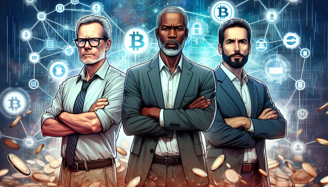 An image depicting Charles Hoskinson, Bill Morgan, and Panos Mekras standing together in defiance against a backdrop of blockchain symbols and the Forbes logo, symbolizing the crypto community's unity and response to criticism.