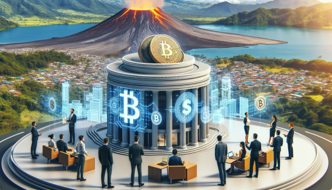 A futuristic bank building in El Salvador with digital Bitcoin symbols and US dollar icons integrated into the architecture, a backdrop of volcanic geothermal energy powering the city, and a diverse group of sophisticated investors engaging in financial transactions.