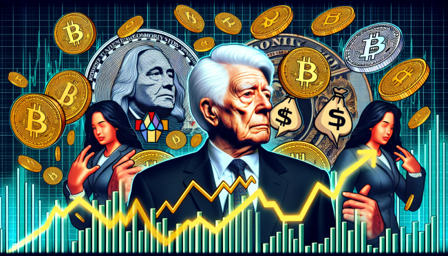 A dynamic digital collage featuring President Biden, Kamala Harris, meme coins like KAMA and Doland Tremp, and fluctuating cryptocurrency graphs to represent the political and financial chaos.