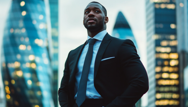 A confident business executive engaging with financial regulators, set against a backdrop of the UK financial district, symbolizing positive outcomes and expansion opportunities.