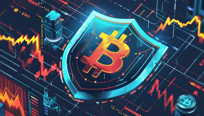 An illustration showing a shield symbolizing security over a network of connected blockchain nodes, with a Bitcoin symbol in the center and a graph showing a downward trend next to an upward trend.