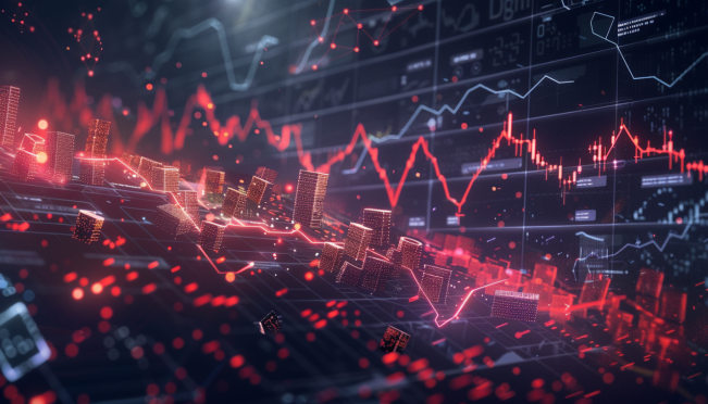 A dramatic scene of a stock market graph with a sharp decline, juxtaposed with digital icons of email and social media influencers, representing the controversy around DeFi Technologies Inc. and CoinSnacks.