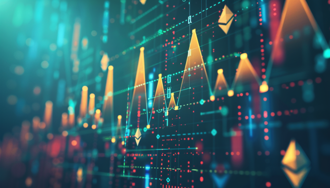 An upward trend graph with Ethereum logo, ETF symbols, and a background of blockchain imagery, representing the potential rise in ETH prices.