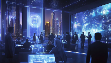 A futuristic conference setting in Dubai with diverse leaders discussing artificial intelligence advancements, featuring holographic displays and an international audience.