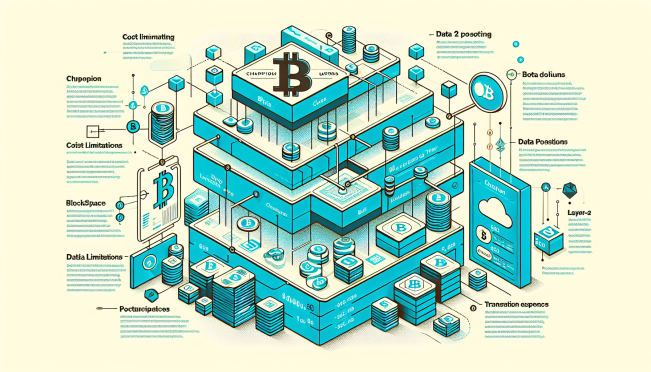 A visually engaging image showcasing Bitcoin blockchain layers, highlighting the cost challenges of data posting for Layer-2 rollups with symbolic representations of blockspace constraints and transaction fees.