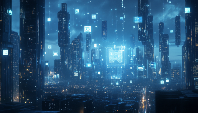 A futuristic financial scene featuring AI and technology, highlighting logos of OpenAI, Microsoft, Apple, and Nvidia, with a backdrop of a towering cityscape symbolizing growth and expansion.